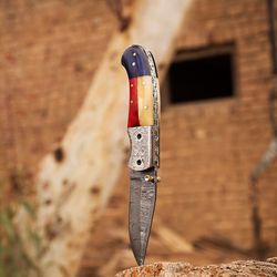 Handmade Damascus Pocket Knife / Folding Knife / Texas Flag Handle Folding Knife