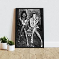 naomi campbell kate moss poster print canvas, black and white, wall art bedroom living room wall decor, canvas wall art,
