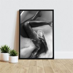 drinking in the bathroom, bathroom decor, bathroom accessories, canvas wall art, black and white, champagne art, glam wa