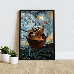 baby yoda, grogu star wars, the mandalorian poster canvas art, minimalist art, retro modern, vintage poster, starry nigh