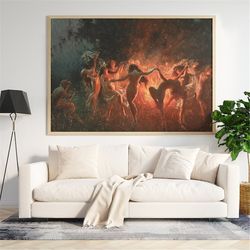 nude nymphs dancing to pan's flute around the fire. witch print, witchcraft art, witchy poster, wiccan home decor, pagan