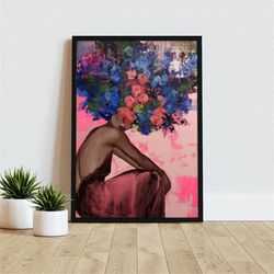 floral head woman vertical poster, black woman head flowers wall art, african american art, black art, black girl print,