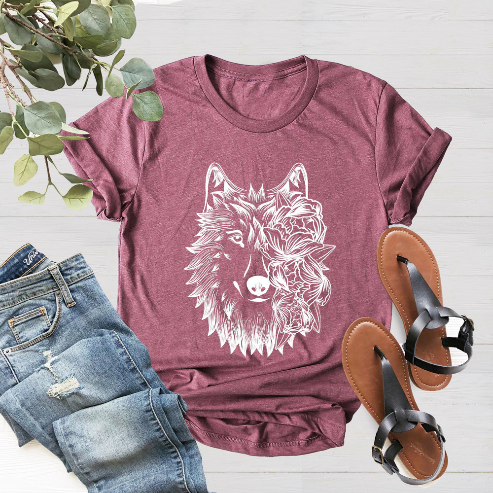 Botanic Wolf T-Shirt, Flower Wolf T-Shirt, Wolf Birthday Shirt,Wolfe Tee, Wolf Skull Shirt, Xmas Gift Tee, Wild Animal Tee, Wolfe Moon Shirt - 2.jpg