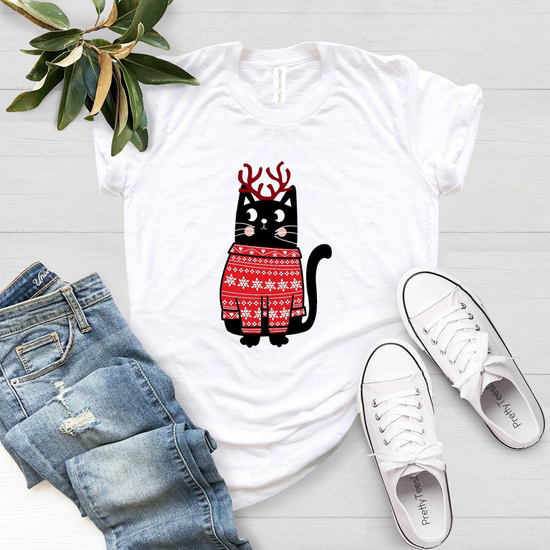Cat With Christmas Shirt, Meow Print Trendy Womens Mens Unisex Kitty Pussy Cat T-Shirt, Xmas Family, Christmas Shirt,Christmas Gift For Kids - 1.jpg