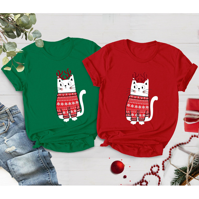 Cat With Christmas Shirt, Meow Print Trendy Womens Mens Unisex Kitty Pussy Cat T-Shirt, Xmas Family, Christmas Shirt,Christmas Gift For Kids - 3.jpg