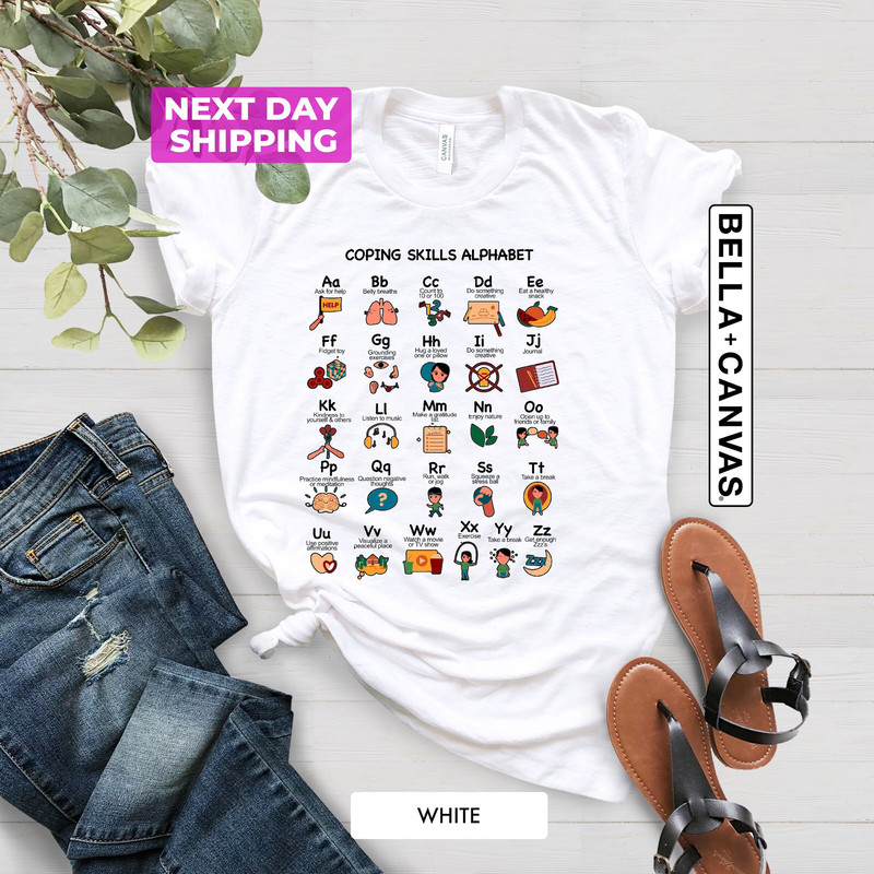 Coping Skills Alphabet Shirt, School Counselor Shirt, Mental Health Matters, Psychologist Shirt, Positivity Shirt, Mental Health Shirt - 1.jpg