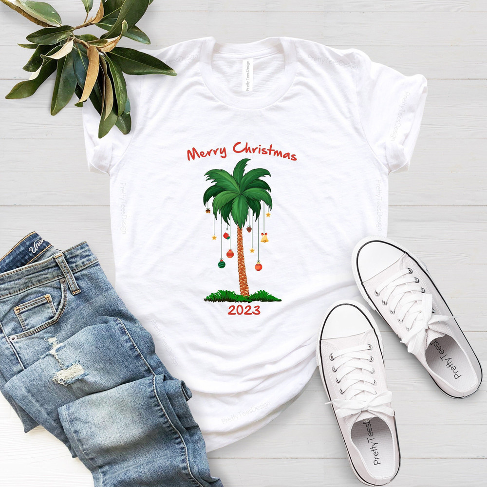 CUSTOM Merry Christmas 2023, Christmas On The Beach, Tropical Christmas Shirt, Christmas Palm Tree, Family Christmas Tee,Xmas Matching Shirt - 1.jpg