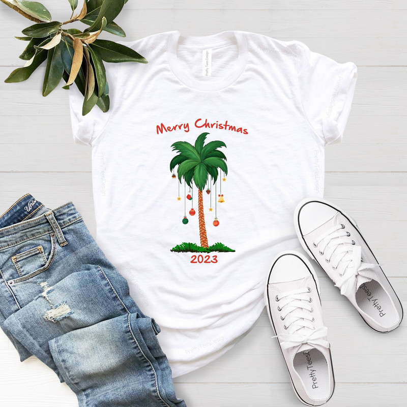CUSTOM Merry Christmas 2023, Christmas On The Beach, Tropical Christmas Shirt, Christmas Palm Tree, Family Christmas Tee,Xmas Matching Shirt - 1.jpg