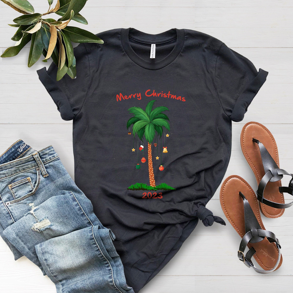 CUSTOM Merry Christmas 2023, Christmas On The Beach, Tropical Christmas Shirt, Christmas Palm Tree, Family Christmas Tee,Xmas Matching Shirt - 2.jpg