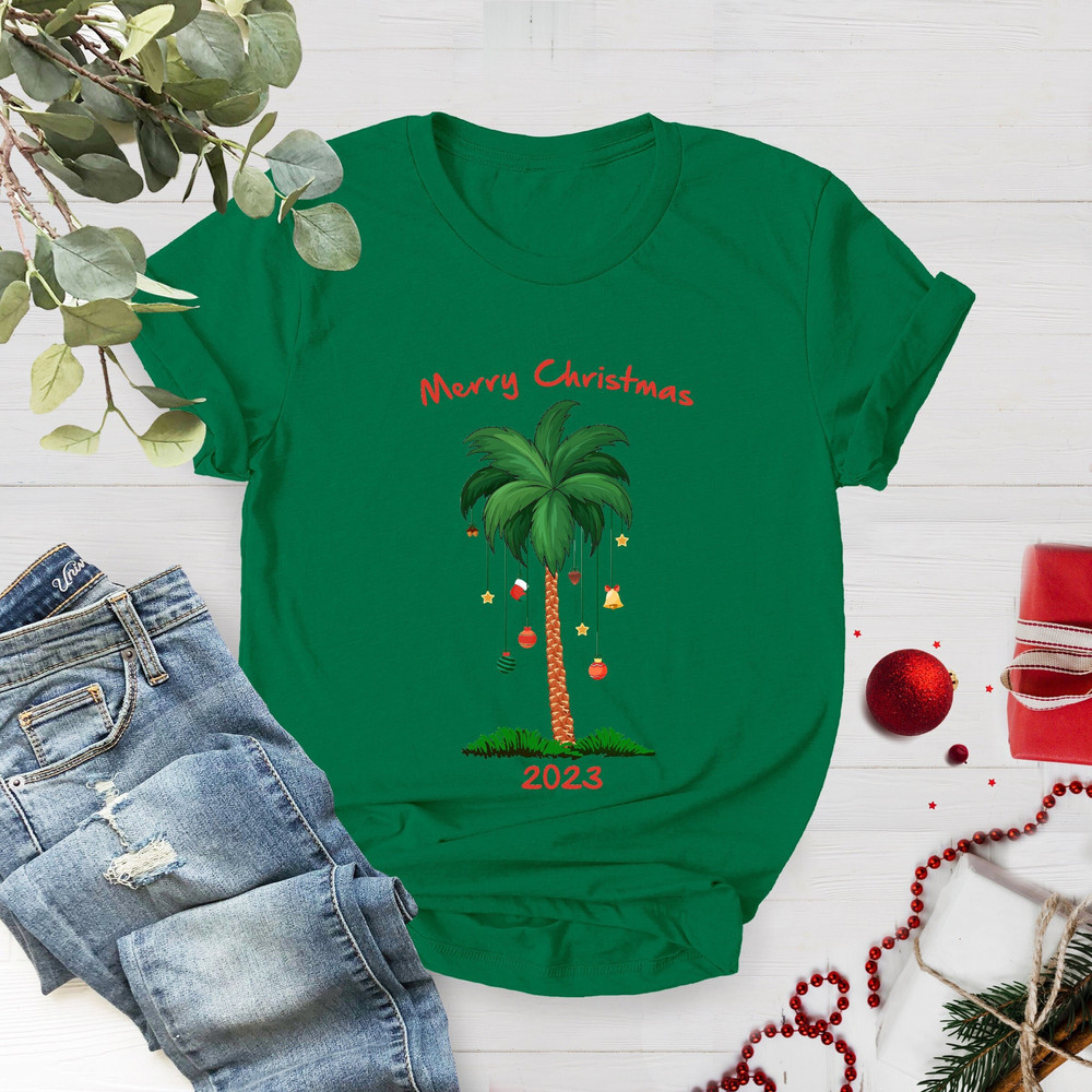 CUSTOM Merry Christmas 2023, Christmas On The Beach, Tropical Christmas Shirt, Christmas Palm Tree, Family Christmas Tee,Xmas Matching Shirt - 3.jpg