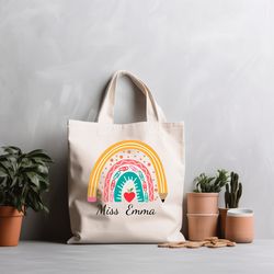 custom teacher rainbow tote bag, cute school tote bag gift,