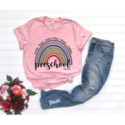 custom preschool teacher rainbow t-shirt, personalized back to school shirt, customized funny preschool crew tees, cute