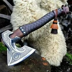 custom gift forged carbon steel viking axe with rose wood shaft, viking axe, bearded camping axe, best anniversary gift
