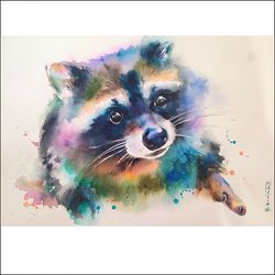 Raccoon Watercolor Painting Colorful Animals Art Raccoon Original Painting Animal Wall Art Wall Decor 10/15 inches.