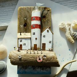 Driftwood art wall key holder, seaside art, handmade wall hanger, small sea town with lighthouse