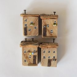 set of 4 tiny wooden houses, driftwood art, small house, eco gift, house miniature, tiny house, green wood hoose