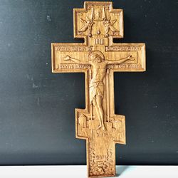 Oak wood cross | Russian Orthodox cross with crucifixion | Size: 23 x 12,5 cm