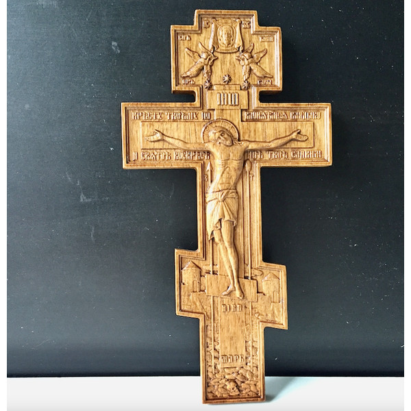 Oak wood cross | Russian Orthodox cross with crucifixion