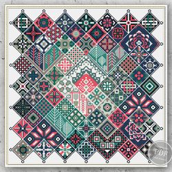 Cross Stitch Pattern Geometric Square Grey-Pink Patchwork Ethnic Folk Art Design PDF Pattern Digital Pdf  342
