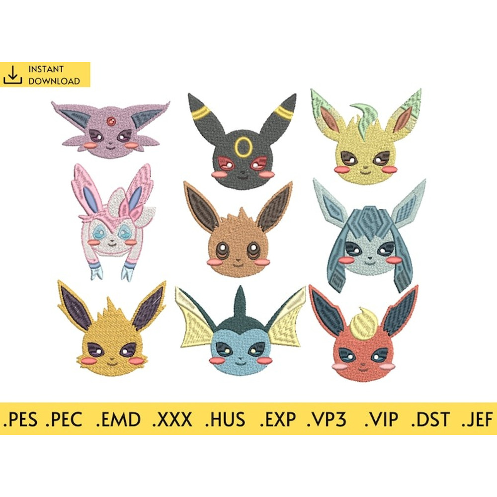9 Eevee Embroidery Designs, pokemon embroidery - machine embroidery design files - 10 formats, 5 sizes.jpg