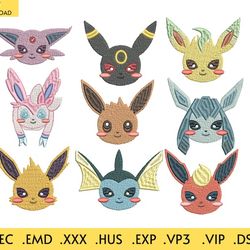 9 eevee embroidery designs, pokemon embroidery - machine embroidery design files - 10 formats, 5 sizes