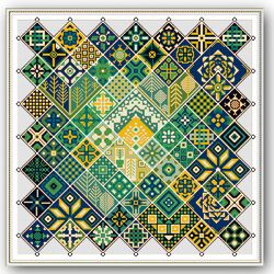 Cross Stitch Pattern Geometric Square Yellow-Green Patchwork Ethnic Folk Art Design PDF Pattern Digital Pdf  343