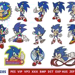13 sonic blue cartoon embroidery design - machine embroidery design files - 10 formats, 5 sizes