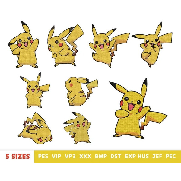 9 pikachu embroidery design - pokemon embroidery - machine embroidery design files - 10 formats, 5 size.jpg