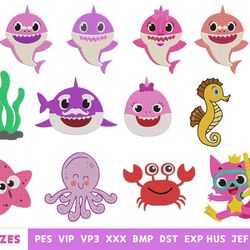 cute shark baby embroidery design - baby shark - machine embroidery design files - 10 formats, 5 sizes