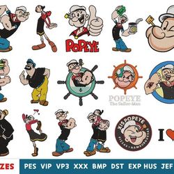16 classic cartoon embroidery design - popeye cartoon embroidery - machine embroidery design files - 10 formats, 5 sizes