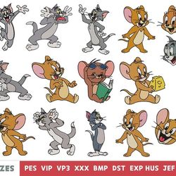 15 tom and jerry embroidery designs - machine embroidery design files - 10 formats, 5 sizes