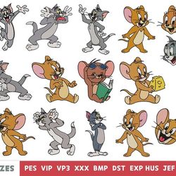 15 Tom and jerry embroidery designs - machine embroidery design files - 10 formats, 5 sizes