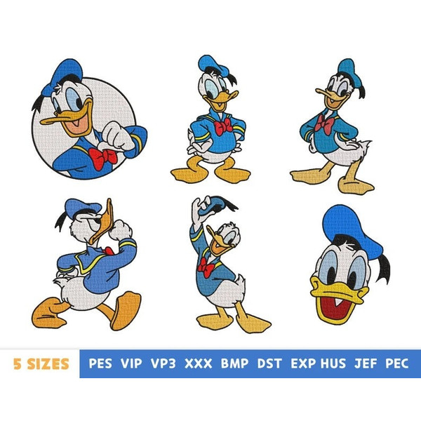 6 ducks embroidery design - machine embroidery design files - Donald duck cartoon embroidery - 10 formats, 5 sizes.jpg