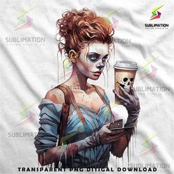 messy bun skeleton lady drinking coffee sublimation design for halloween and coffee lovers messy bun skeleton lady drink
