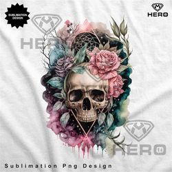 skull pink roses mug or tumbler image skull feathers and flowers skull pink flowers sublimation tshirt gift png download