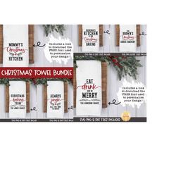 christmas tea towel svg bundle vol 1, personalized, holiday tea towels, christmas baking, kitchen, appreciation gift, cr