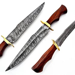 superb custom handmade damascus steel hunting bowie knife with leather sheath,