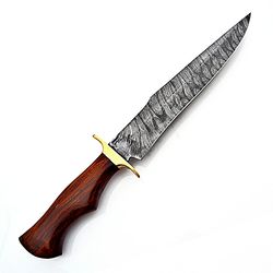 superb custom handmade damascus steel hunting bowie knife with leather sheath,