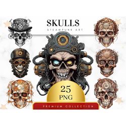 Set of 25, Steampunk Skull Clipart, Skull Clipart png, Skeleton Clipart, Skull Steampunk Clipart png, Steampunk Ephemera