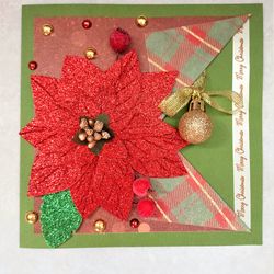 Red Poinsettia Cristmas card, Christmas greeting card, Handmade greeting card, Merry Christmas card, 3D Christmas card