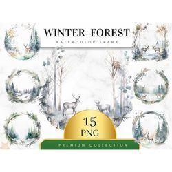 Set of 15, Winter Forest Watercolor Frame, Watercolor Landscape Clipart, Winter Countryside, Snowy Landscape, Winter Cli