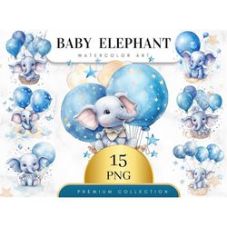 Set of 15, Watercolor Elephant, Baby Elephant Clipart, Baby Elephant with Balloons Png, Baby Shower Clip Art, Nursery Gr