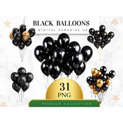 Set of 31, Black Balloons Clipart, Birthday Party Decorations, Balloon PNG, Balloon Bundle, Nursery Clipart, Sublimation