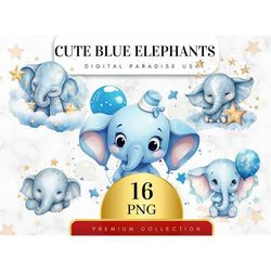 Set of 16, Cute Blue Elephant, Elephant PNG, Baby Shower Clipart, Nursery Decor, Blue Elephant, Elephant Art, Sublimatio