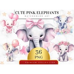 Set of 36, Cute Pink Elephant Clipart, Elephants PNG, Baby Shower Clipart, Nursery Decor, Pink Elephants, Sublimation PN
