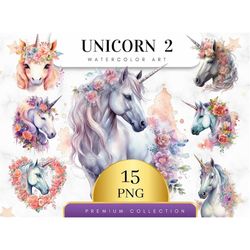 Set of 15, Unicorn Watercolor Clipart, Unicorn lip Art, Cute Unicorn, Unicorn Png, Unicorn Clip Art, Watercolor Unicorn