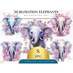 Set of 8, Watercolor Elephants Clipart, Elephant PNG, Cute Elephant Clipart, Baby Shower Clipart, Animal Clipart, Sublim