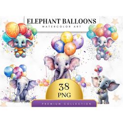 Set of 38, Watercolor Elephant with Balloons, Baby Elephant Clipart Png, Baby Elephant with Balloons Png, Baby Shower Cl