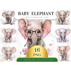 Set of 16, Watercolor Pink Baby Elephant, Baby Shower Clipart, Elephant Nursery Art, Elephant Printable, Elephant Clipar