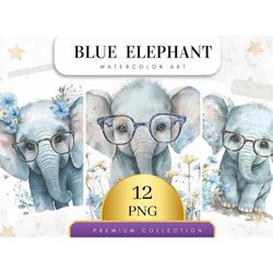 Set of 12, Floral Blue Baby Elephant Sublimation Clipart Bundle, PNG File For Baby Shower Tshirts, Baby Shower Decoratio